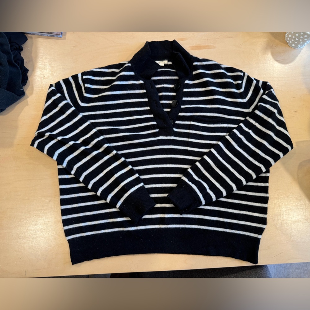 J. Crew Black and Cream Cashmere Polo Sweater